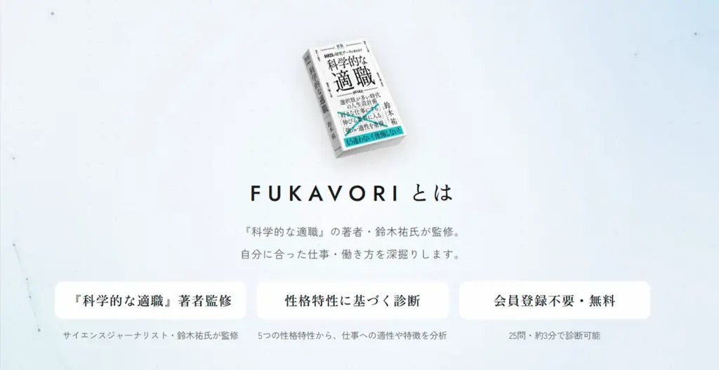 「自分に向いている仕事」とは？『科学的な適職』著者・鈴木祐氏監修の適職診断サービス『FUKAVORI』をリリース 画像 2