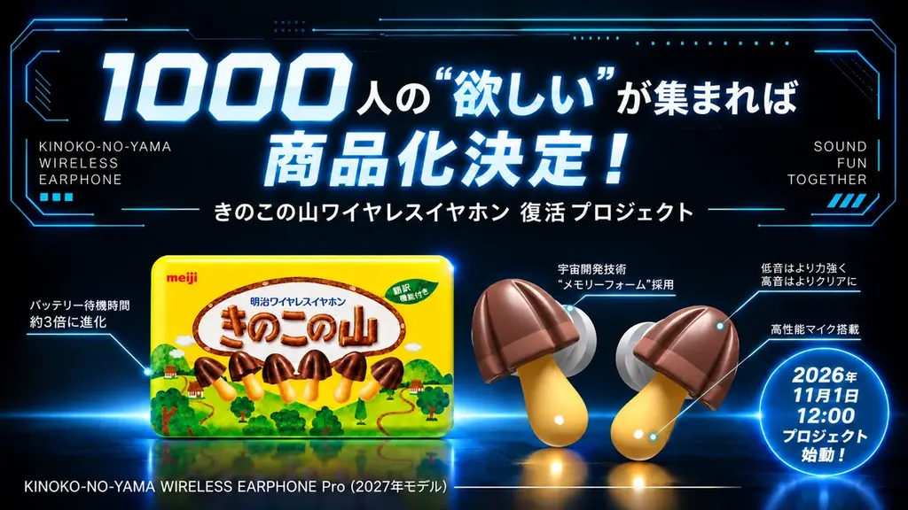 わずか10分で3,500台が完売した「きのこの山ワイヤレスイヤホン」が復活⁉ 音質・操作性・装着感が進化した「きのこの山ワイヤレスイヤホン Pro」11月1日、Makuakeでプロジェクト始動!!! 画像 10