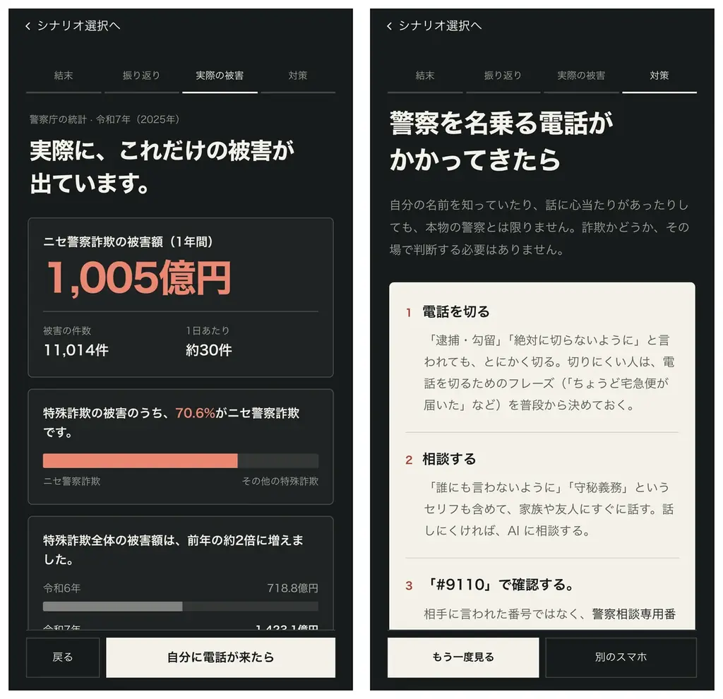実際の事件をもとに「ニセ警察詐欺」をリアルに再現し、立場の異なる3人の視点で体験できる無料ゲーム「騙される30秒前」を公開 画像 8