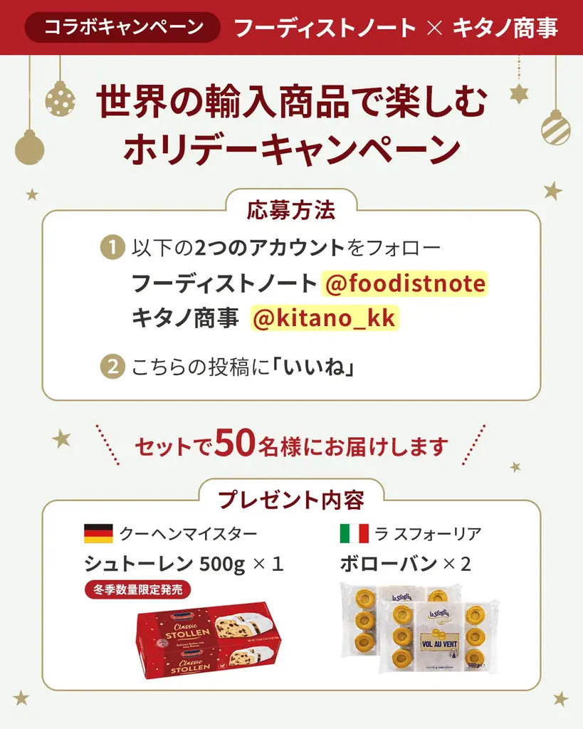 フーディストノート×キタノ商事《輸入食品で楽しむホリデーキャンペーン》シュトーレンとボローバンが当たるコラボキャンペーンをInstagramにて開催 画像 4