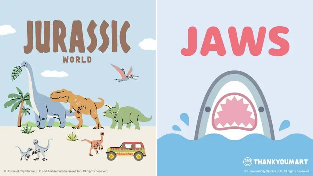 最新作公開で話題沸騰中の『ジュラシック・ワールド』、映画公開から50周年を迎える『ジョーズ』とのコラボレーション雑貨がサンキューマートに新登場！全品390円（税込429円）で7月中旬より発売開始！ 画像 1