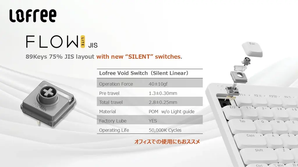 Lofree より待望のJIS配列（日本語配列）、静音キースイッチ搭載のロープロファイルメカニカルキーボード「Flow Lite JIS」が登場 画像 6