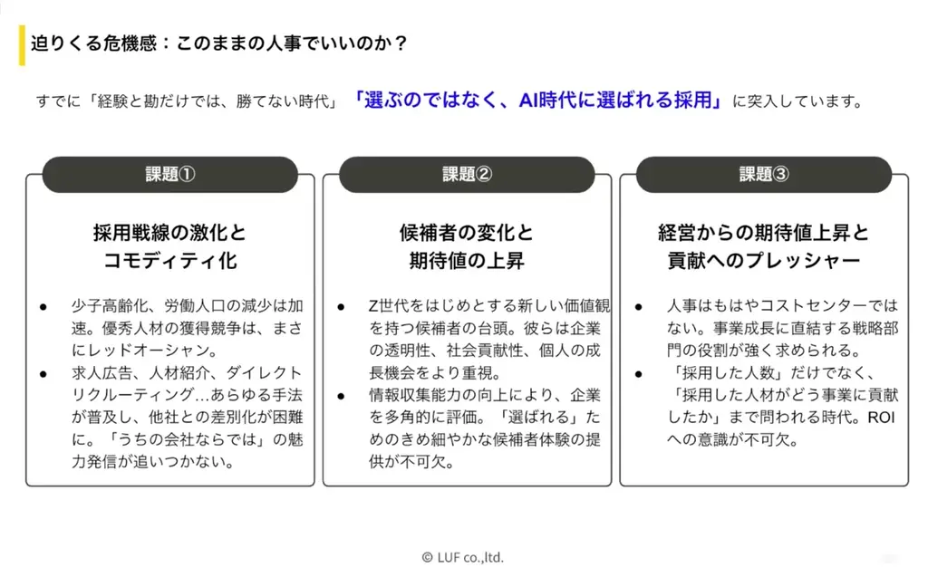 LUF株式会社登壇『採用の”ゲームチェンジ”：AIがもたらす非連続な進化～「知らない」では済まされない必須知識と、人事の未来像～』ウェビナーのアーカイブ動画の無料配信を開始！ 画像 2