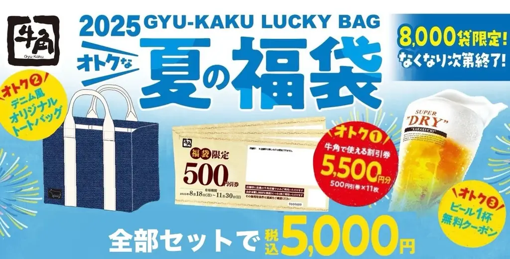３つの“おトク”が詰まった「牛角夏の福袋」5,500円分の割引券やオリジナルトートバッグがセットになった福袋が5,000円で登場 画像 1