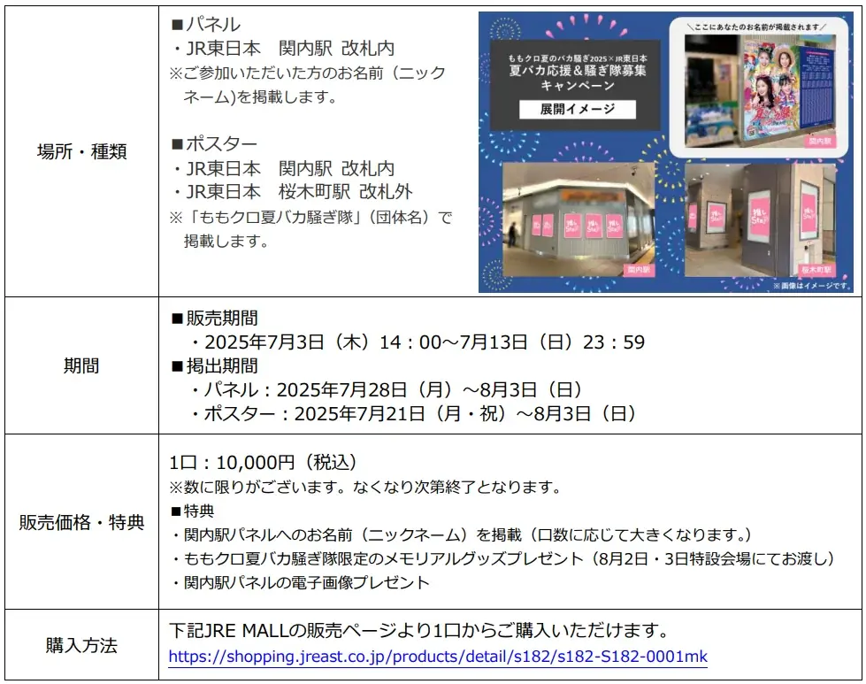 ももクロ夏のバカ騒ぎ2025×JR東日本コラボを開催! ~駅とまちを舞台にした「推し活」でアツい夏を盛り上げます!~ 画像 3