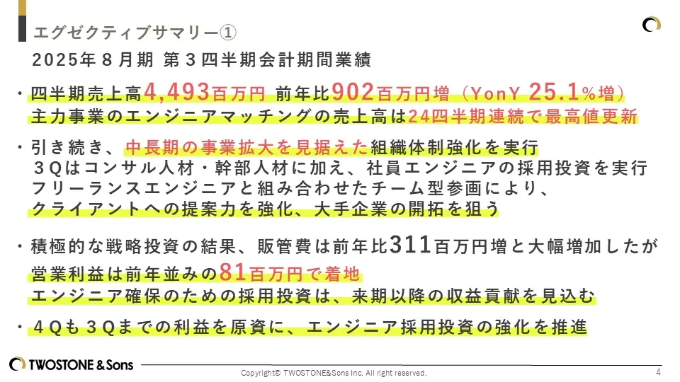 TWOSTONE&Sons 2025年8月期 第3四半期決算発表 主力事業売上高24四半期連続で最高値継続、来期以降の収益に向け戦略的採用投資を実行 画像 2