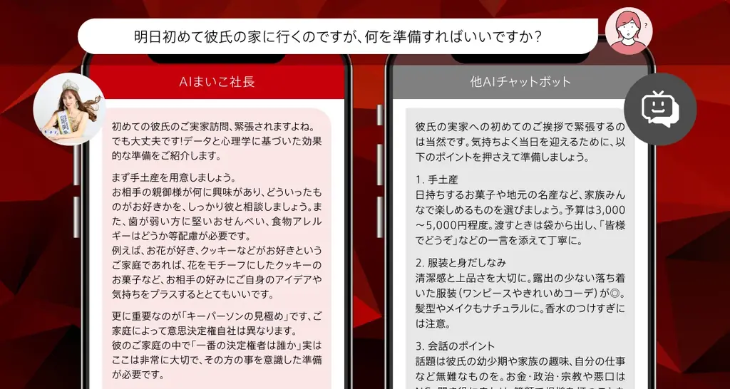 【世界初※】「また今日もマッチングしなかった…」婚活迷子を救済！世界大会優勝者の脳内思考を完全再現した究極のAI婚活パートナー「AIまいこ社長」を(株)SMART BRIDALがリリース 画像 3