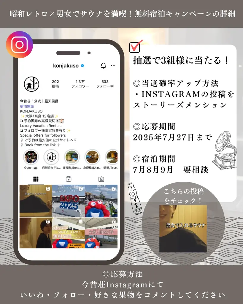 1泊10万円の高級民泊が無料に!大阪・通天閣近くの「今昔荘」が提供する【昭和レトロ×男女で入れるサウナ】で特別な体験を。 画像 3