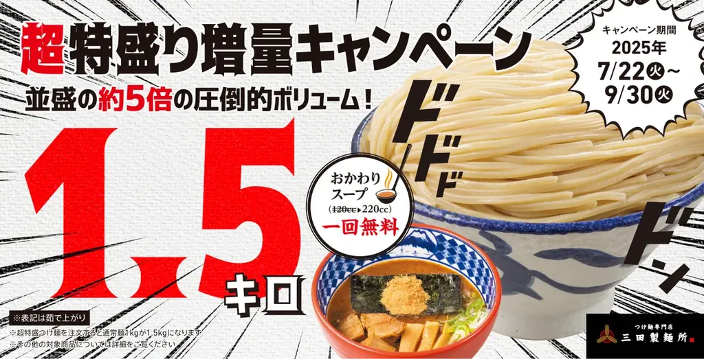 2025年7月22日開始！三田製麺所の超特盛り＆油そば大盛無料キャンペーン