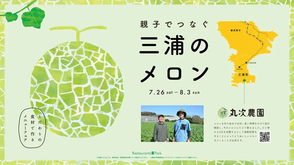 期間限定9日間! 神奈川県三浦市、丸次農園の木村親子が作るメロンを、新宿髙島屋レストランズ パークの21店で7/26(土)～8/3(日)の間、各店のメロンメニューにてお楽しみいただけます。 画像 1