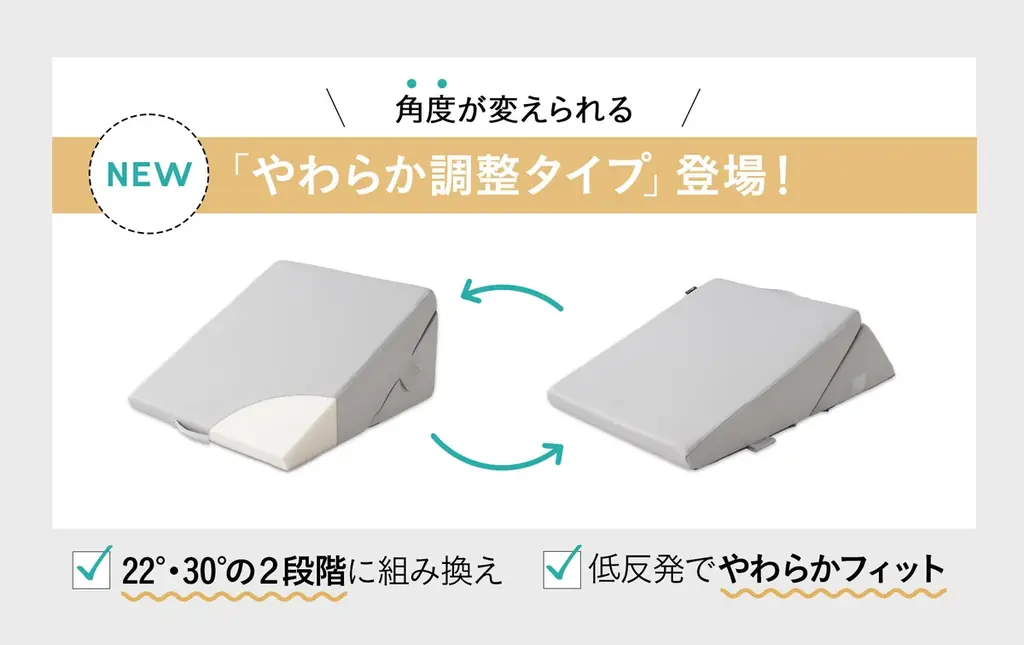 快適な姿勢サポートでベッド生活の質を向上させる『姿勢を安定させる傾き寝枕』に初めての方にもやさしい「やわらか調整タイプ」が仲間入り!角度調整可能なやわらかな寝心地で快適な睡眠姿勢をサポートします。 画像 3