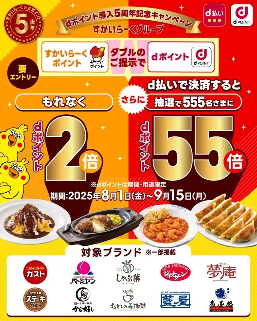 2025年8月開始！すかいらーくでdポイント2倍＆抽選55倍キャンペーン