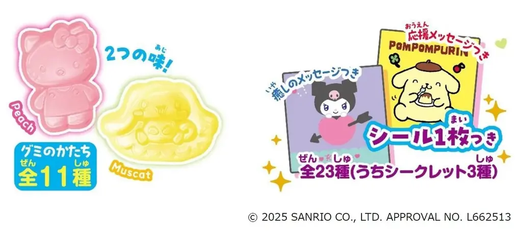 【不二家】ペコちゃんとサンリオキャラクターズのかたちが可愛いトレーグミがリニューアル! 「ペコ×サンリオキャラクターズなかよしシールグミ(ピーチ&マスカット)」 画像 2