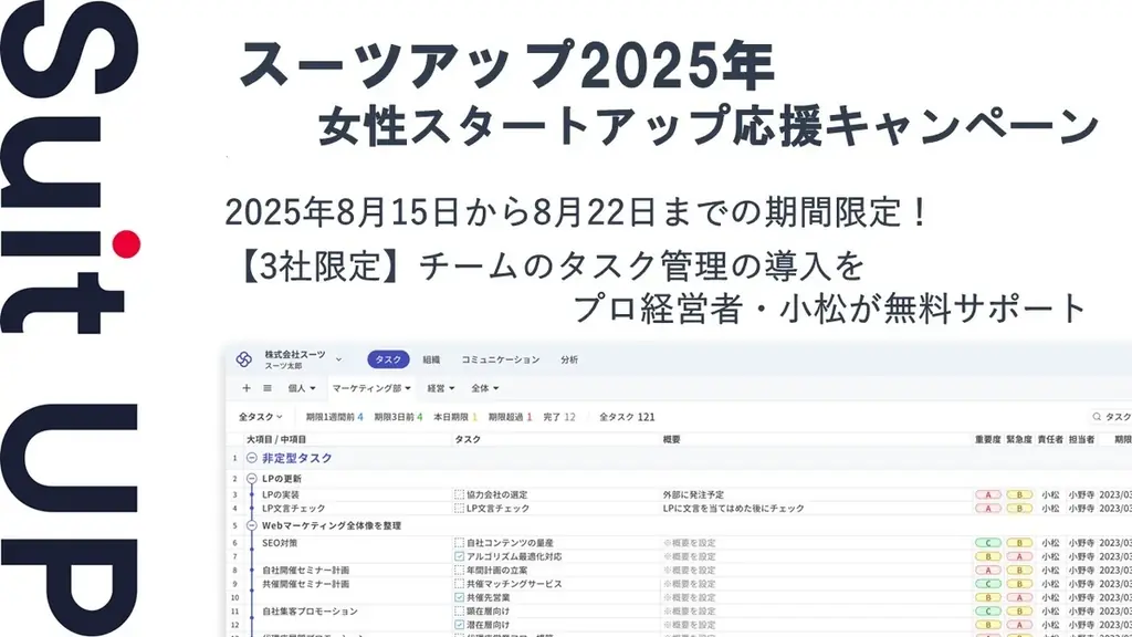 スーツアップが女性スタートアップ3社に3ヶ月無料