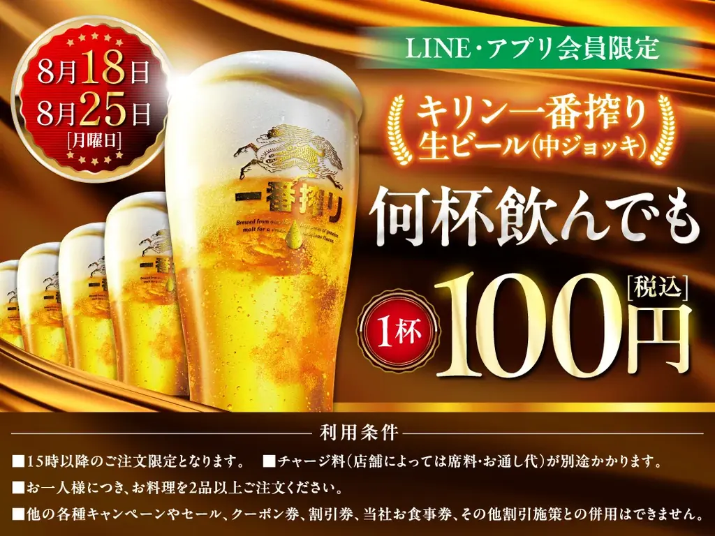 8/18・8/25限定｜モンテローザで生ビール何杯でも1杯100円