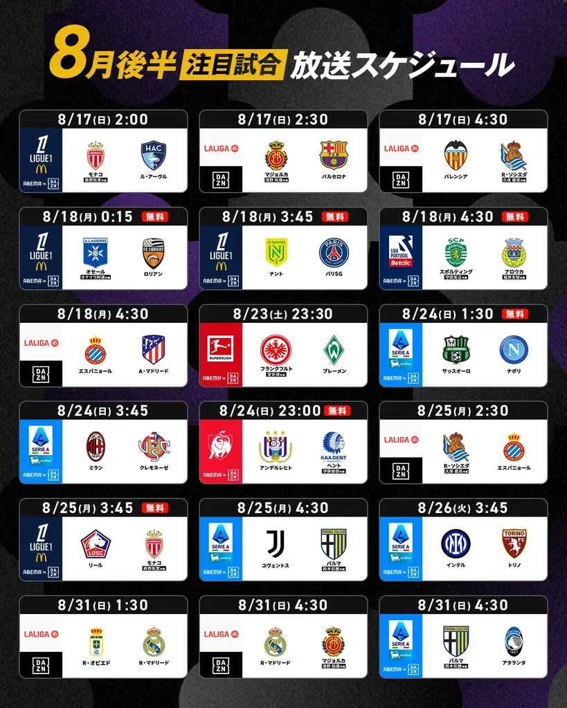 「ABEMA de DAZN」、欧州サッカー2025-26シーズンも中継決定!リーグ・アン、セリエA、ベルギーリーグなどを中心に毎節3試合を無料生中継 画像 2