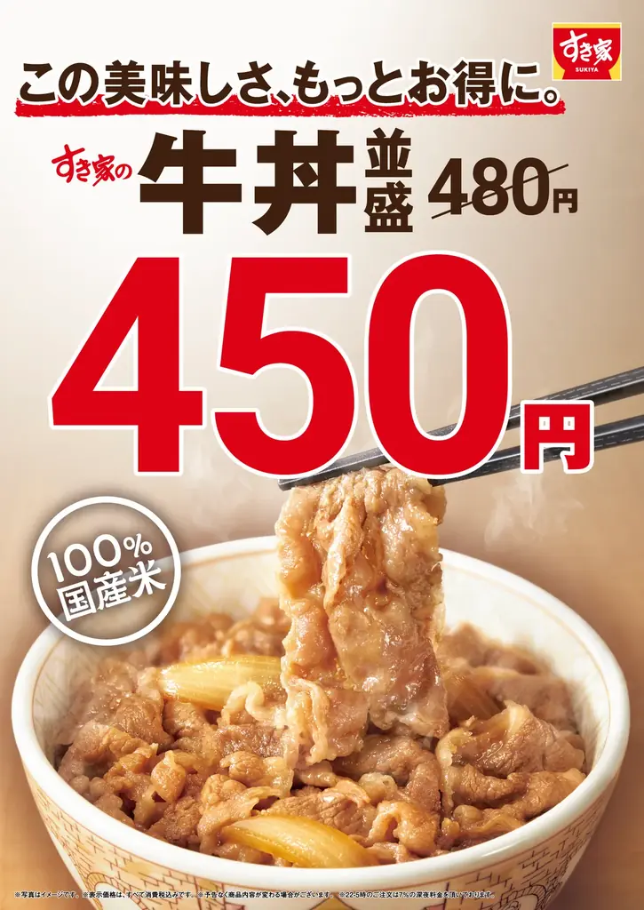 9/4からすき家の牛丼値下げ、並盛が450円に