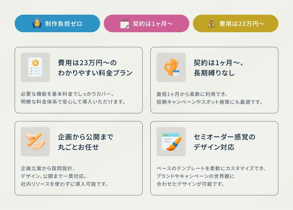 診断コンテンツ制作サービスを刷新！制作負担ゼロ・最短1ヶ月から・23万円〜導入可能 画像 3