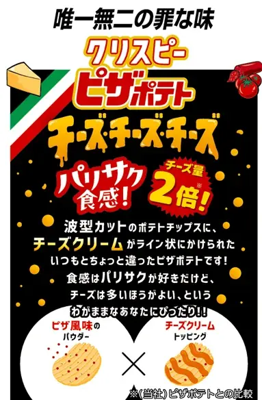 「ピザポテト」から派生ブランドが誕生!チーズ量2倍※で濃厚な味わいが楽しめる新しい「ピザポテト」『クリスピーピザポテト チーズチーズチーズ』 画像 2