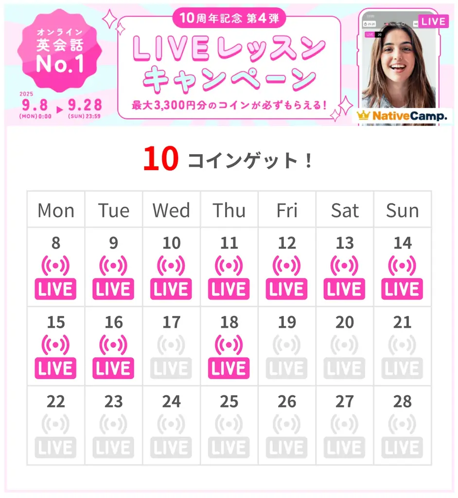 【英会話レッスン回数無制限】ネイティブキャンプ10周年記念第4弾「LIVEレッスンキャンペーン」開催　〜視聴・シェアで最大3,300円分のコインをプレゼント〜 画像 2