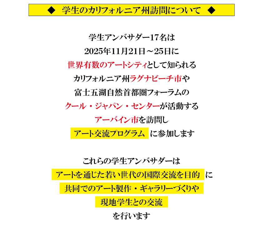 学生が、アートによる国際交流と日本文化の深みを世界に紹介！カリフォルニア州を訪問する学生アンバサダーの任命式を、１０月７日、山梨県知事、静岡県知事も登壇して開催 画像 3