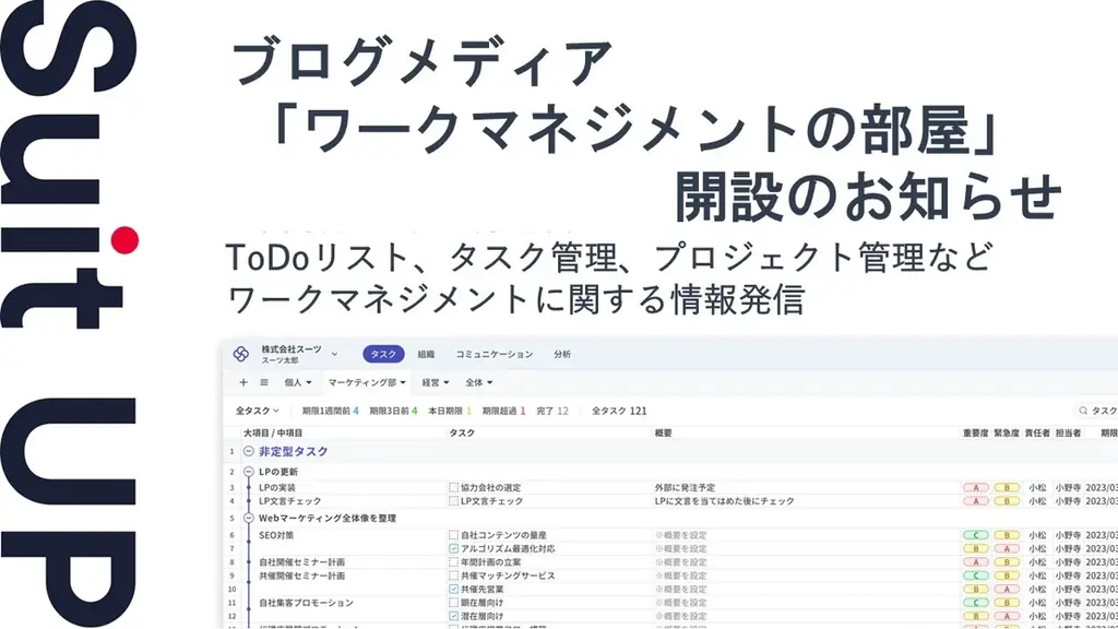 チームのタスク管理・プロジェクト管理ツール「スーツアップ」、ブログメディア「ワークマネジメントの部屋」開設のお知らせ 画像 1