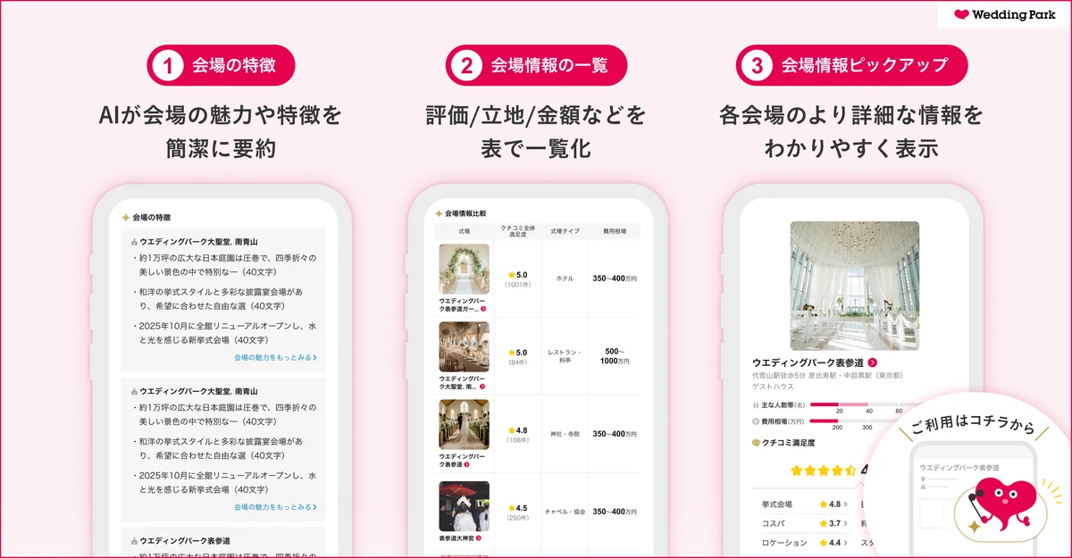 【結婚準備クチコミ情報サイト「Wedding Park」】生成AIを導入した新機能「AIアシスタント『会場比較』」をリリース　結婚式場の情報を一覧で確認可能に 画像 3