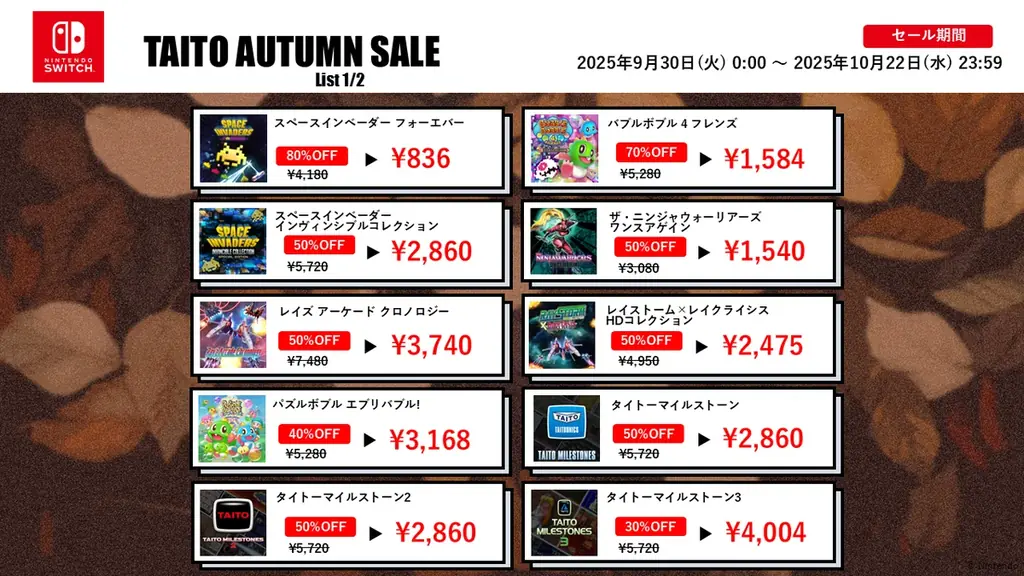 『スペースインベーダー フォーエバー』など家庭用ゲームが最大80%OFF！「タイトーオータムセール2025」開催！ 画像 2
