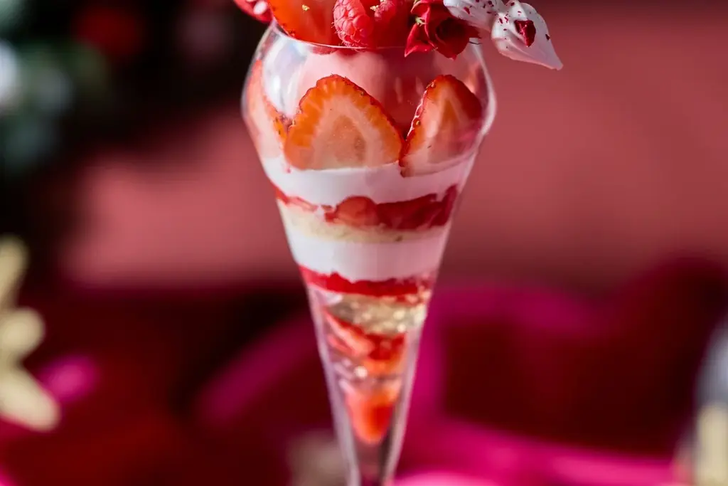 【名古屋】苺尽くしのホリデーシーズン限定ご褒美パフェ！苺やマカロンがきらめきながら舞う、グラス仕立てのショートケーキ「大人のご褒美パフェ～Strawberry Shortcake～」販売 画像 6