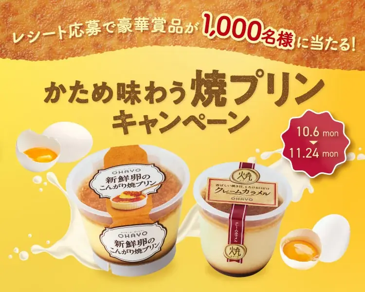 オハヨーの“かため”焼プリンキャンペーン、1000名に豪華賞品