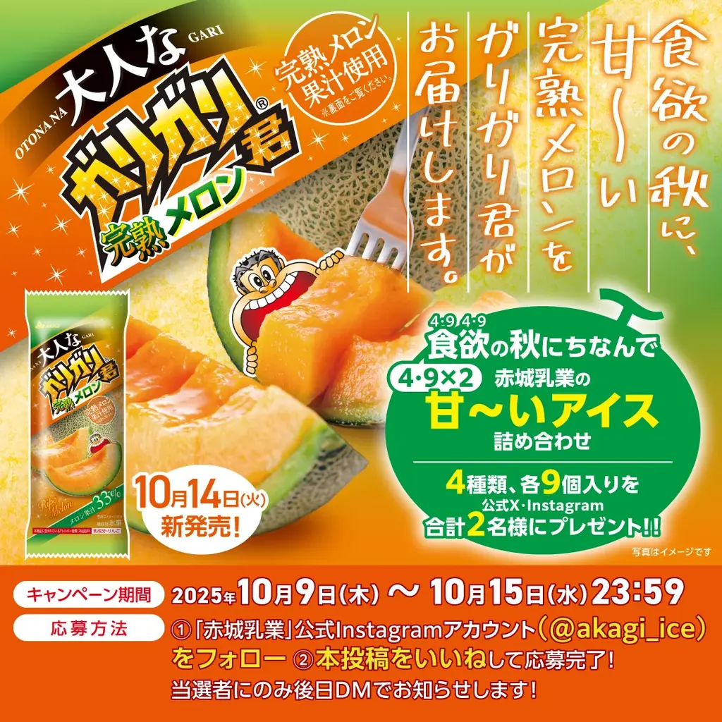 食欲の秋に、甘～い完熟メロンをガリガリ君がお届けします。 完熟メロン果汁33％使用の本格的な美味しさ！ 食欲（49×2）の秋にちなんで、赤城乳業の甘～いアイスプレゼント企画も実施♪ 画像 3