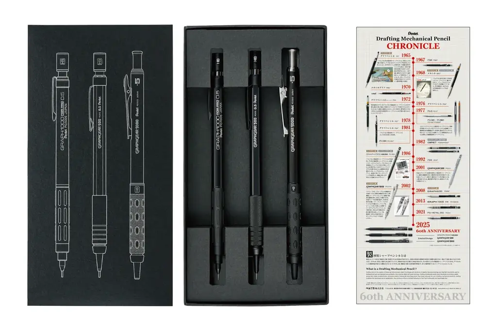 ぺんてるが製図用シャープペンシル発売60周年を記念し、黒ボディ限定モデル3種と歴史年表付きセットを発売 画像 3