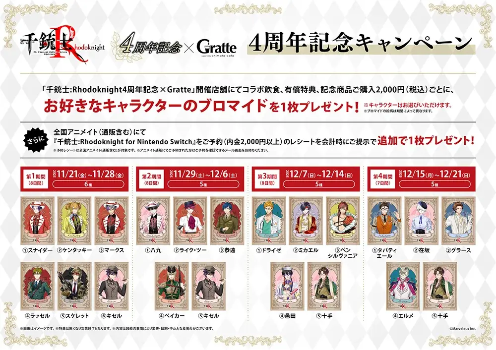 『千銃士:Rhodoknight』4周年を記念して、アニメイトカフェグラッテとのコラボが11月21日から開催！　開催記念商品やキャンペーンのほか、ゲーム最新情報もお届け！ 画像 10