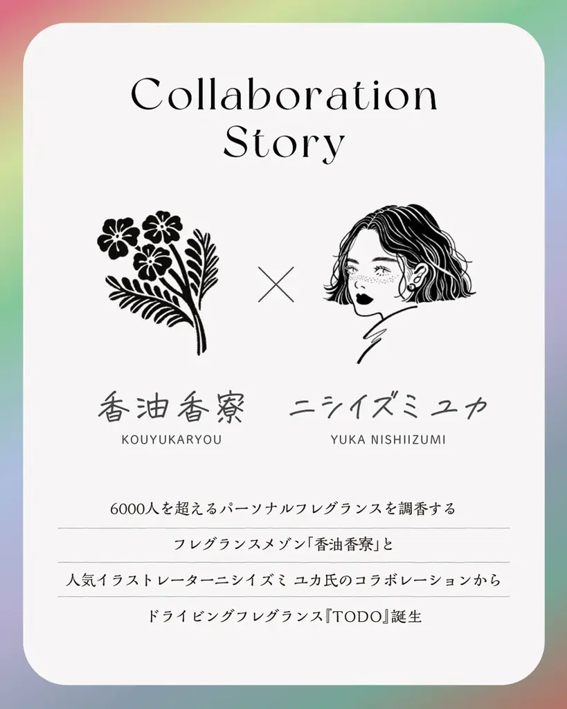 【ドン・キホーテ限定】香油香寮×イラストレーター ニシイズミユカ 個性プロデュース型ドライビングフレグランス「TODO」10/19発売 画像 17