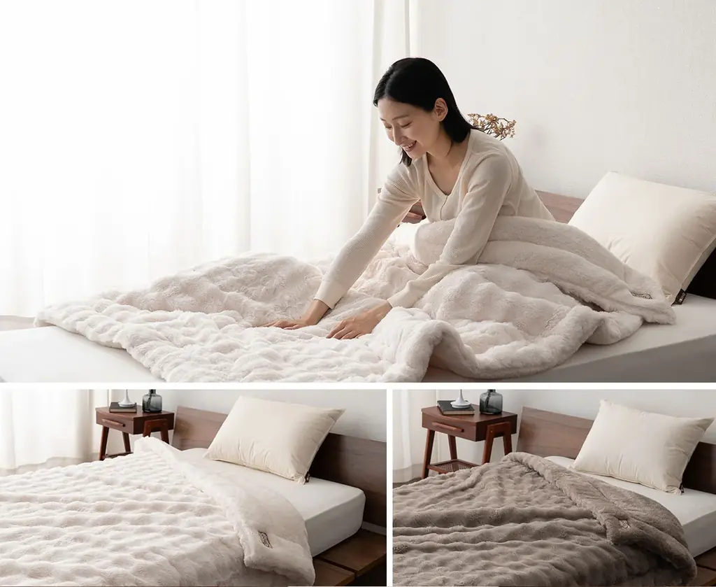 なめらかで暖かくて布団から出られなくなるかも?! 極暖寝具「EMOOR HEAT+（エムールヒートプラス）」から、待望の“ふわふわ2枚合わせ毛布”が新登場！頬ずりしたくなるラビットファー触感で夢心地♪ 画像 2