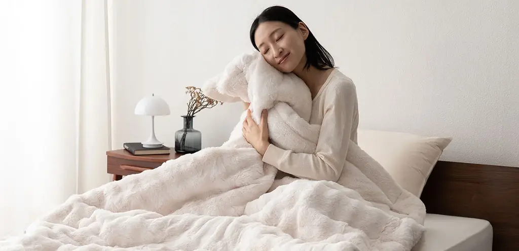 なめらかで暖かくて布団から出られなくなるかも?! 極暖寝具「EMOOR HEAT+（エムールヒートプラス）」から、待望の“ふわふわ2枚合わせ毛布”が新登場！頬ずりしたくなるラビットファー触感で夢心地♪ 画像 4