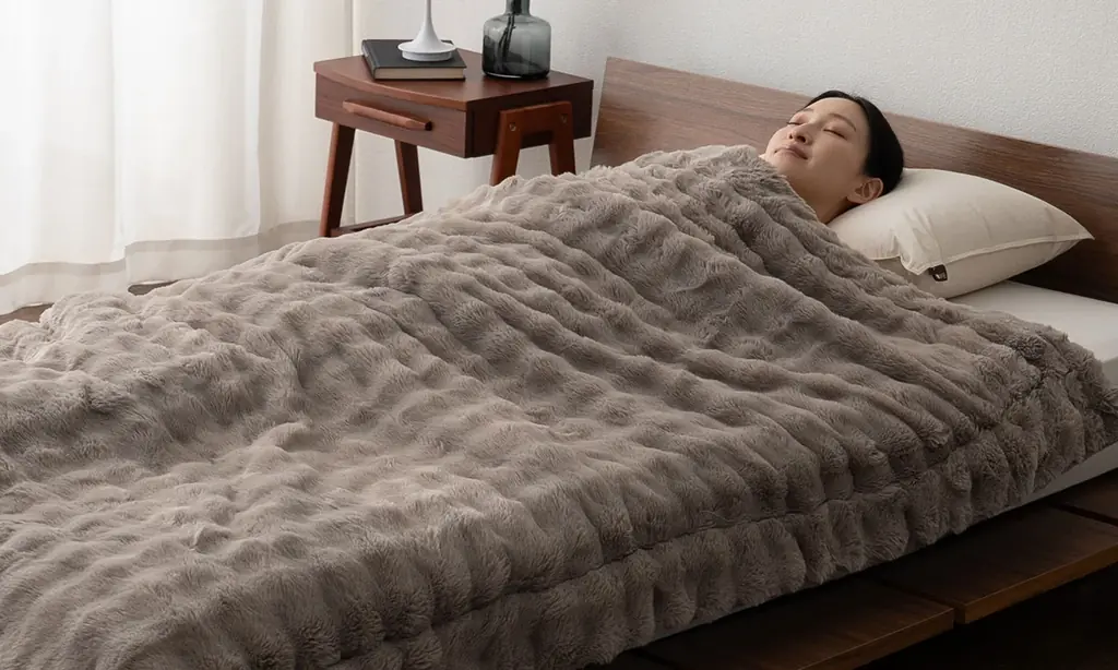なめらかで暖かくて布団から出られなくなるかも?! 極暖寝具「EMOOR HEAT+（エムールヒートプラス）」から、待望の“ふわふわ2枚合わせ毛布”が新登場！頬ずりしたくなるラビットファー触感で夢心地♪ 画像 6