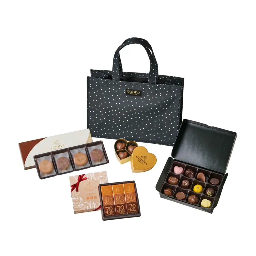 オリジナルのドット柄トートバッグにチョコレートや焼き菓子を詰め合わせたセット！ゴディバ「2025 ブラックフライデー ハッピーバッグ」 画像 3