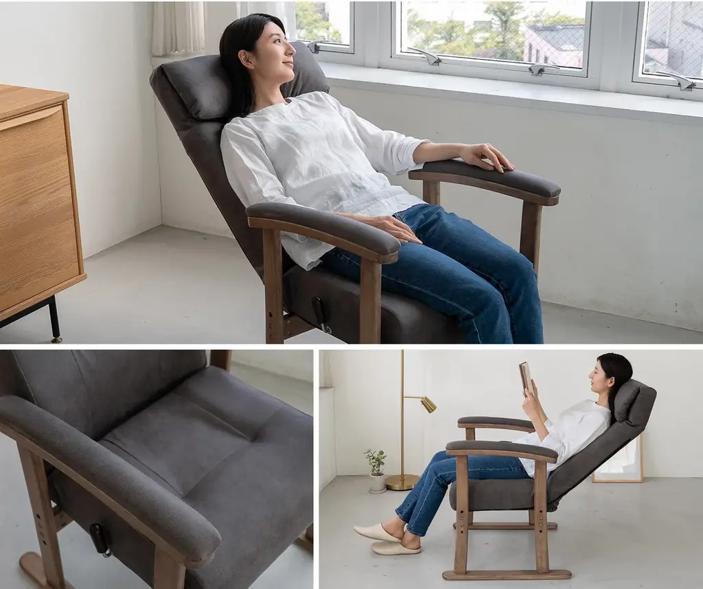 一日中座る人のための”エムール高座椅子”シリーズから、首までしっかり支えるゆったり設計の高座椅子『れおん プレミアムタイプ』が新登場！人間工学とショールーム来場者の声が融合して生まれた座り心地です。 画像 2