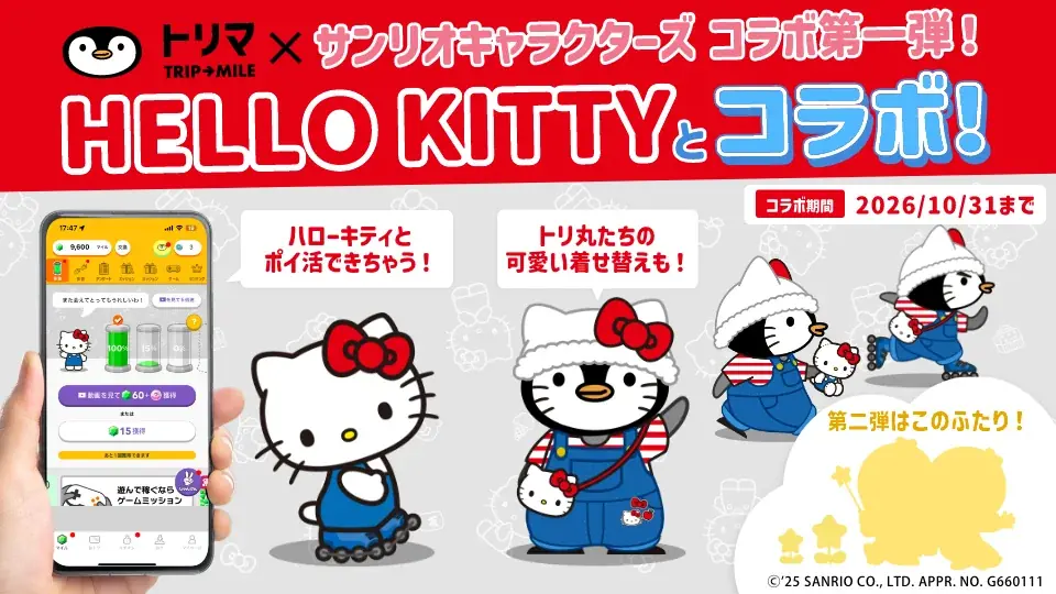 移動でポイントが貯まるアプリ「トリマ」、サンリオキャラクターズとのコラボレーション企画を開始 画像 1