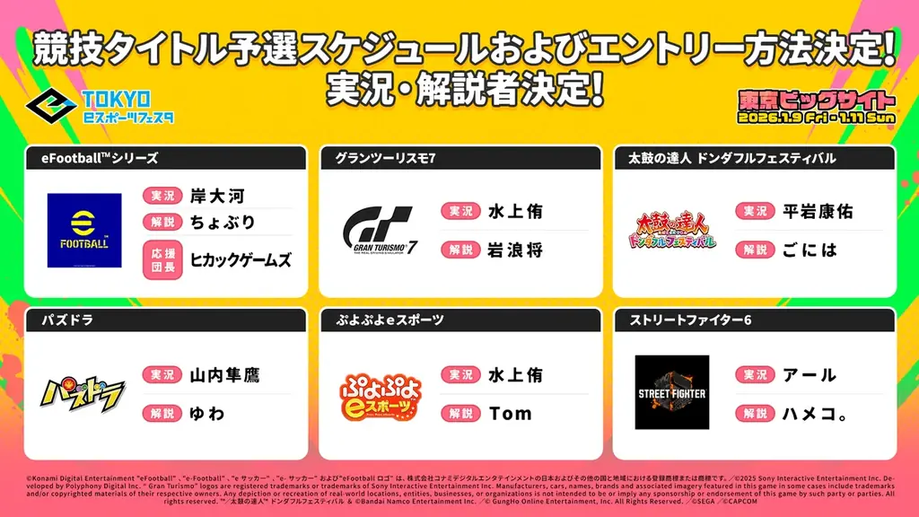 「東京eスポーツフェスタ2026」ｅスポーツ競技大会の開催日程及び実況・解説者が決定！ 画像 1