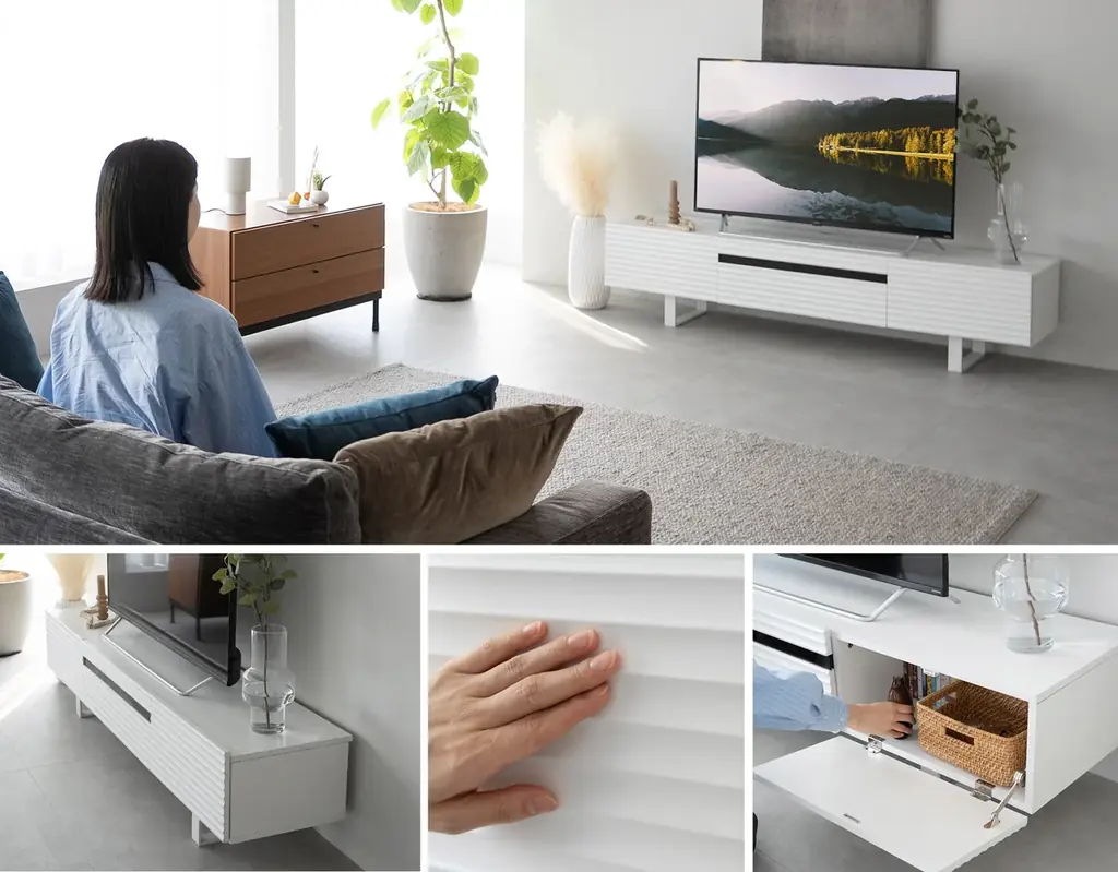 白の波目デザインが洗練された印象のTVボード【stria ストリア】が新登場！取り入れやすいミドルレンジの価格で高級感のある洗練された空間を実現 画像 2
