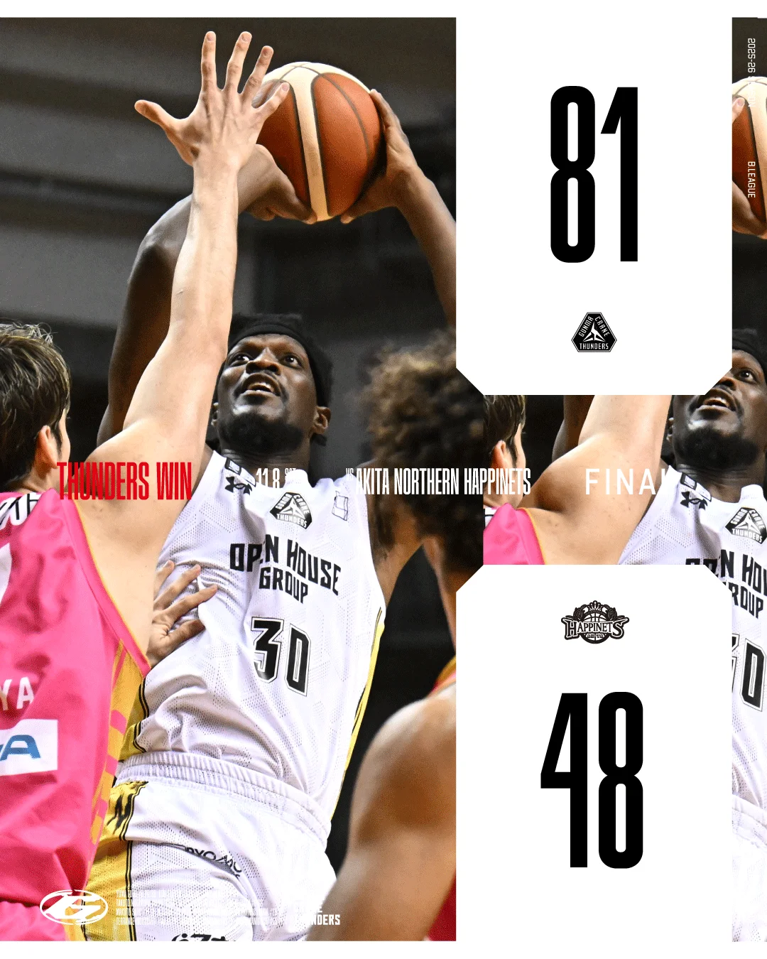 【群馬クレインサンダーズ：試合結果】11/8(土) vs 秋田ノーザンハピネッツ りそなグループ B.LEAGUE 2025-26シーズン 画像 1