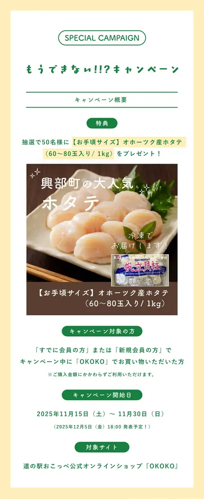 北海道興部（おこっぺ）町から、ふるさと納税でも人気のホタテをプレゼント！「もっと多くの人に食べていただきたい！」おこっぺ町観光協会がオンラインショップでキャンペーンをおこないます！ 画像 2