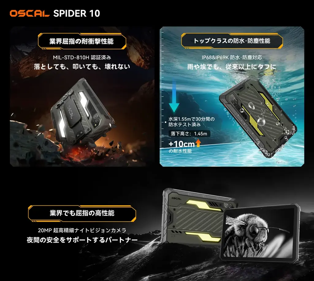 OSCAL SPIDER 10 日本Amazon発売！1100ルーメンランタン・20,000mAh大容量・20MPナイトビジョン搭載のフラッグシップタフネスタブレット 画像 3