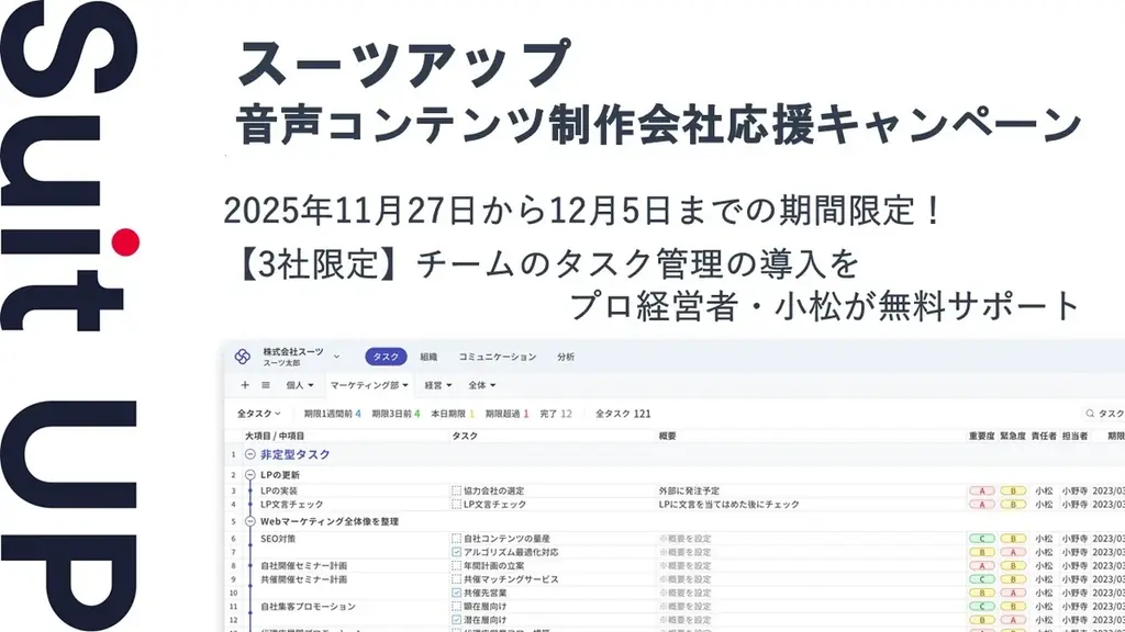 スーツアップ、音声制作会社を3社限定で3ヶ月無料