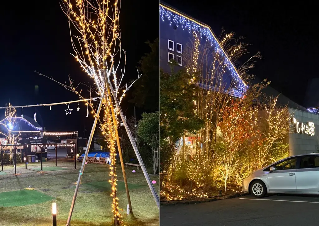 南道後温泉ていれぎの湯、冬の庭を彩るイルミと焚火体験