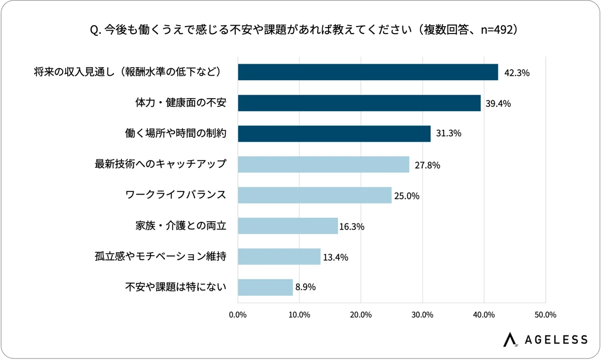 ミドル・シニアIT人材が抱える「働く上での不安」、「収入見通しの低下」が4割超。49歳以下は “健康面” 、65歳以上は “最新技術のキャッチアップ” が最大の懸念に 画像 2