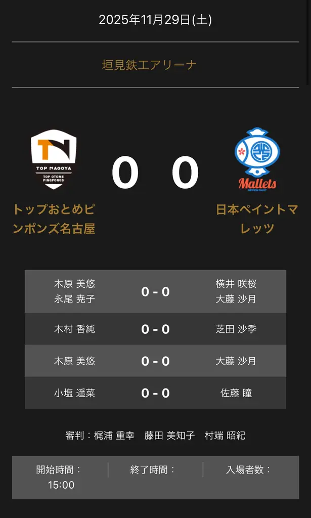 対戦オーダー発表：名古屋vs日本ペイント 視聴・速報案内