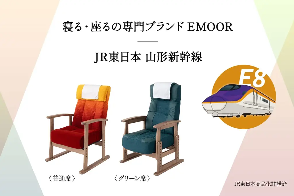 北陸新幹線E7系に続くコラボ企画第2弾！寝る・座るの健康家具ブランドEMOORと“JR東日本・山形新幹線E8系”コラボ高座椅子の先行販売を開始！健康的で快適な”座る”をご家庭にお届けします。 画像 2